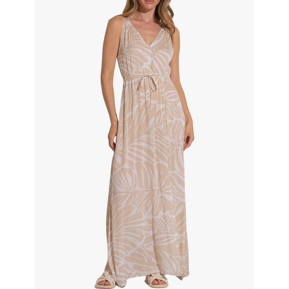 Elan Dresses & Skirts - Beach cover up maxi dress sheer v neck lighweight tan drawstring‎ NEW L
